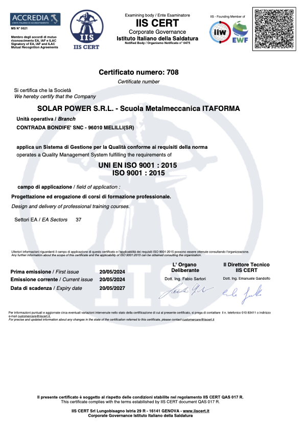 ITAFORMA - Corsi di Saldatura Metalmeccanica | Solar Power Certificato IIS CERT ISO 9001 2015 Itaforma Istituto Italiano della Saldatura | Scuola ItaForma | Corso Saldatura